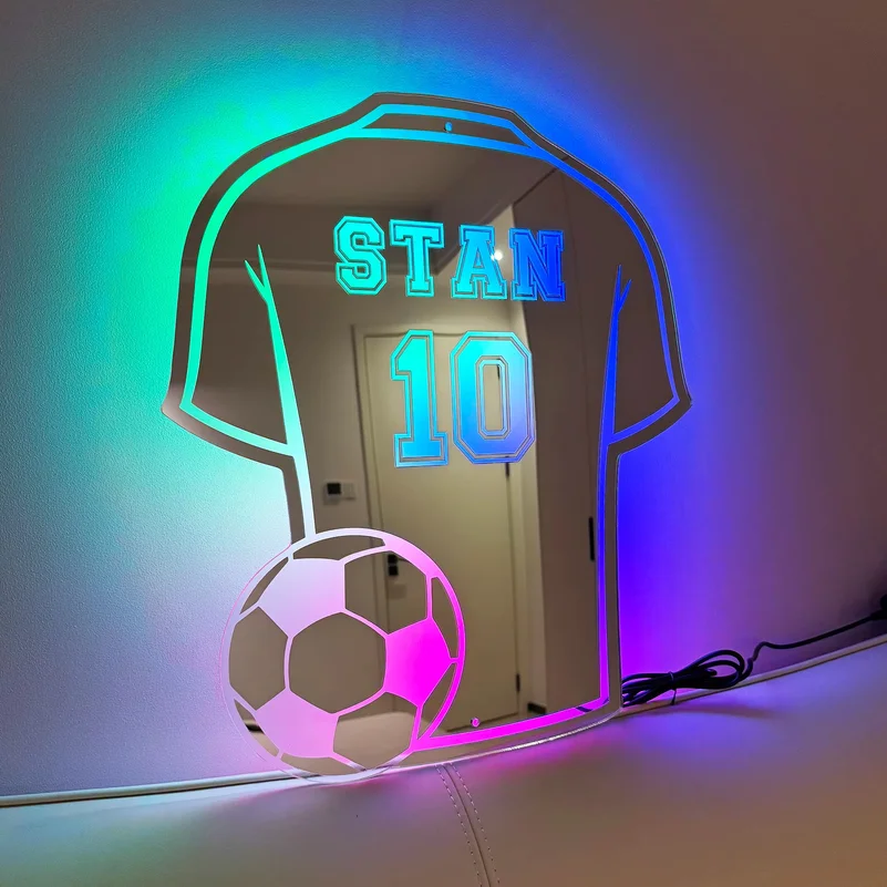 サッカーシャツ型ledミラー-父の日やクリスマスに贈る、パーソナライズされたアクリル製のギフト。男性の趣味の部屋の壁飾りや、メイクアップ用の鏡としても最適。