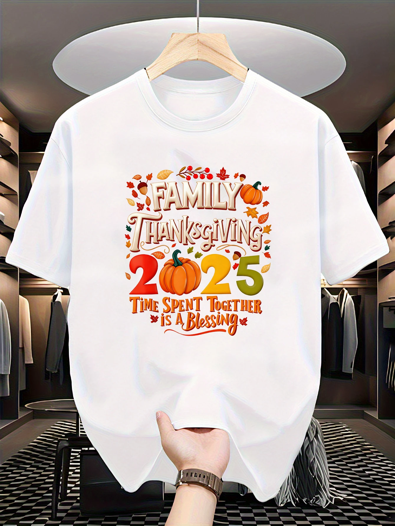 Vibrant Pumpkin and Leaf Pattern 2025 Family Thanksgiving T-Shirt 100% Cotton O-Neck Short Sleeve Summer Casual Mens T-shirt