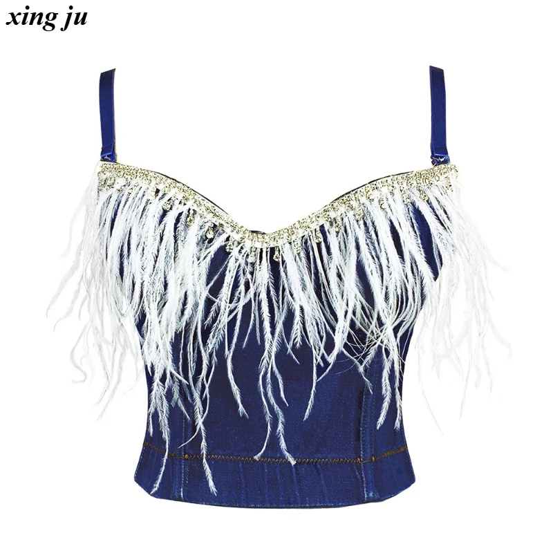 

Xing Ju Nightclub Hot Girl White Feather Tassels Denim Vest Women Jazz Dance Costume Sexy Rhinestone Crop Tops Singer Stage Wear