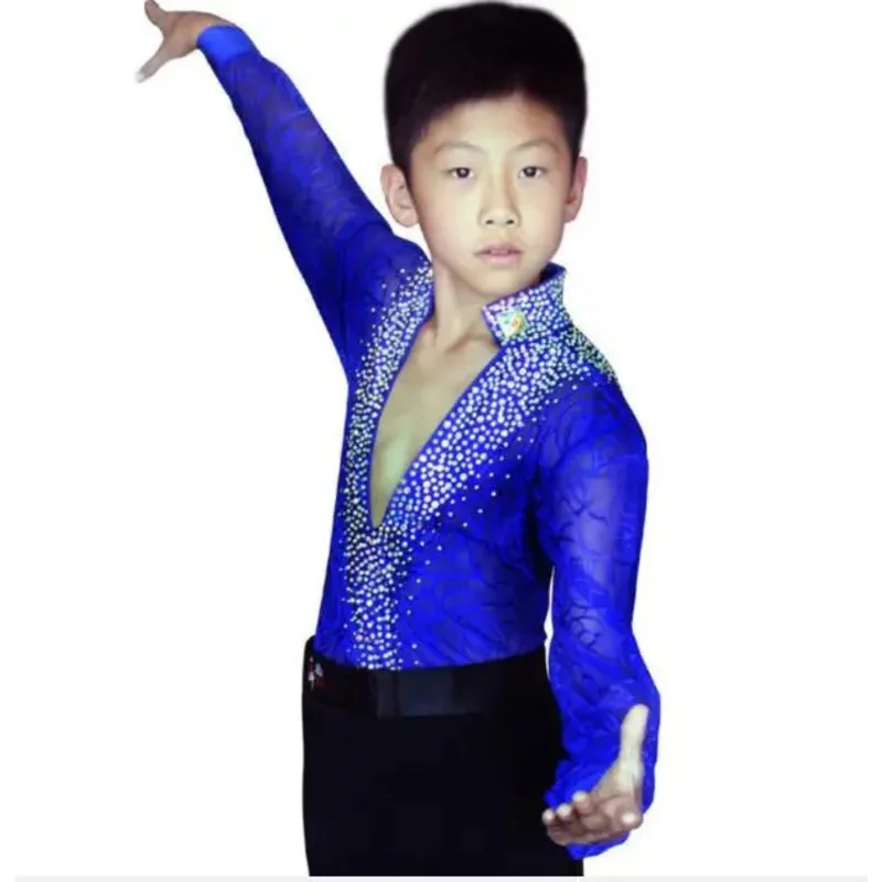 1set/lot children boy latin dancing costumes boy long sleeve sequin top and long black pants UY1328