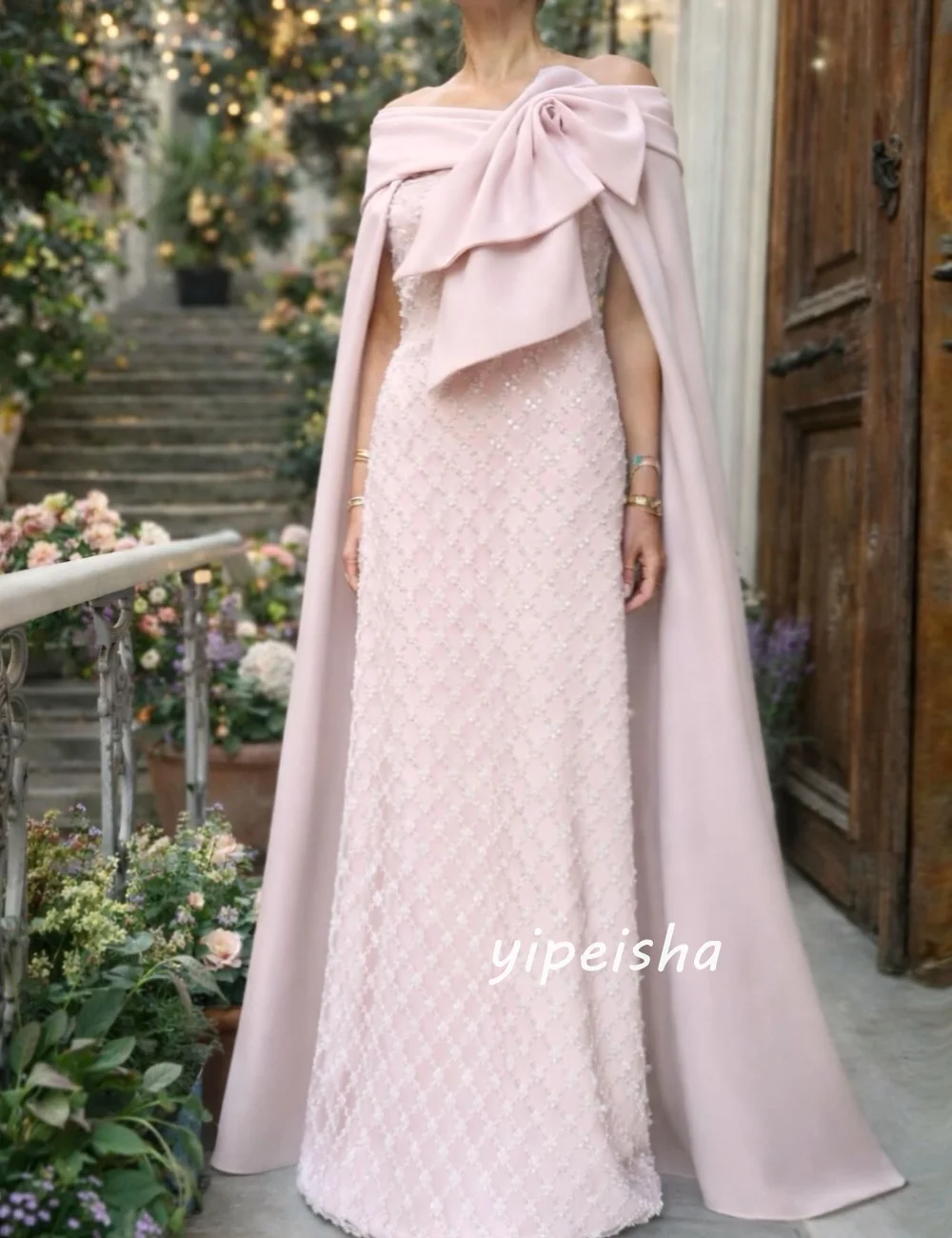 

Customized Pink Jersey Luxury Exquisite Jersey Beading Sequined A-line Off-the-shoulder Floor-Length Evening Dresses