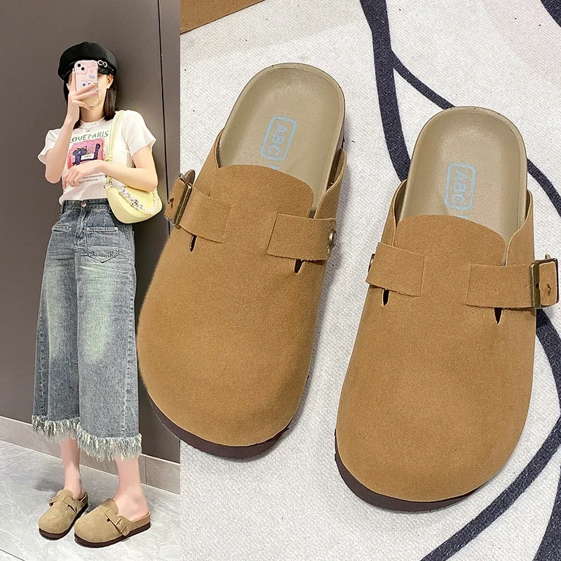 Faux Suede Flat Birken Slippers Women Autumn Vintage Close Toe Mules Shoes Woman Soft Sole Cork Slides Outdoor Slippers