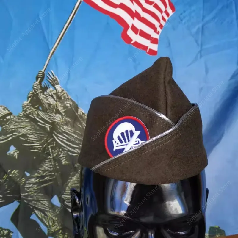 第二次世界大戦米陸軍空挺部隊駐屯地キャップ - 空挺部隊サイドハット - パラシュートパッチ付きヴィンテージミリタリーウェッジキャップ