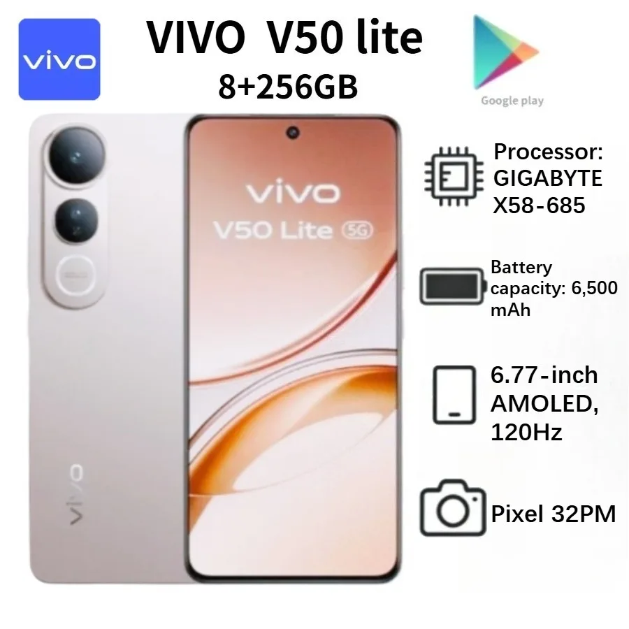 Vivo V50 Lite 5G Global Edition Smartphone 2026 Latest Model 6.77-inch 120Hz AMOLED Display 6500mAh Battery 8+256GB