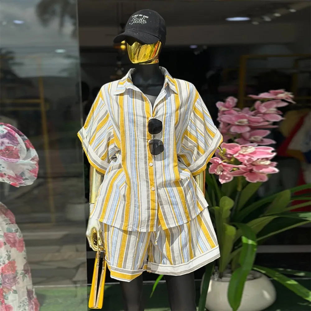 2026 Summer Sweet Fresh Women 2 Piece Outfit Striped Lapel Short Sleeve Top + High Waisted Straight Leg Shorts Casual Set