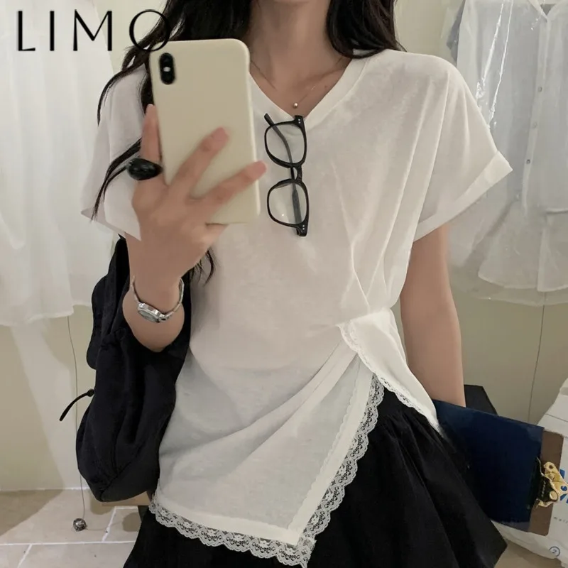 

LIMO 2025 Trendy Side Ruffle Split Hem T-Shirt Women Elegant Lace Trim Asymmetrical Slim Fit Casual Blouse Summer Fashion Top