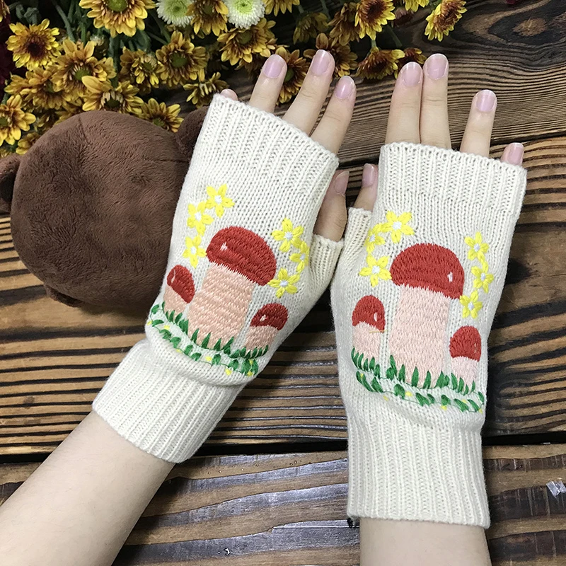 Fashion Knitted Women Fingerless Gloves Winter Warm Soft Warm Wool Knitting Crochet Mushroom Embroidered Half Finger Gloves