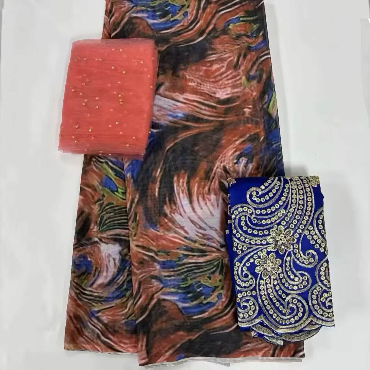 5+2+2 Yard/Set Soft African Print Satin Silk George Fabric With Bead Sequins Swiss Voile Lace For Party Lady Dress Sew Material