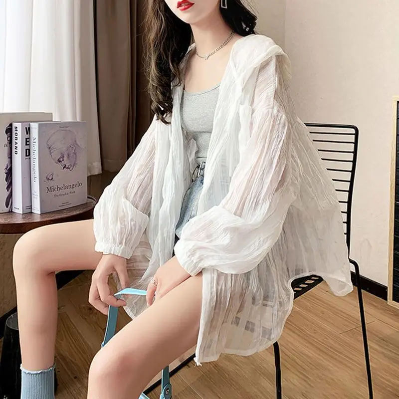 Women Sweatshirt White Tops Hooded Jacket Shirts Sun Protective Clothing Breathable Cardigans Summer Outdoor Loose Thin Casual