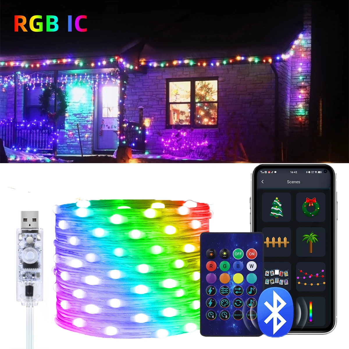 RGBIC LED String 5M 10M 20M USB Remote Control Fairy Strip Light Chain Bluetooth APP Control DIY Music Wedding New Year Decor
