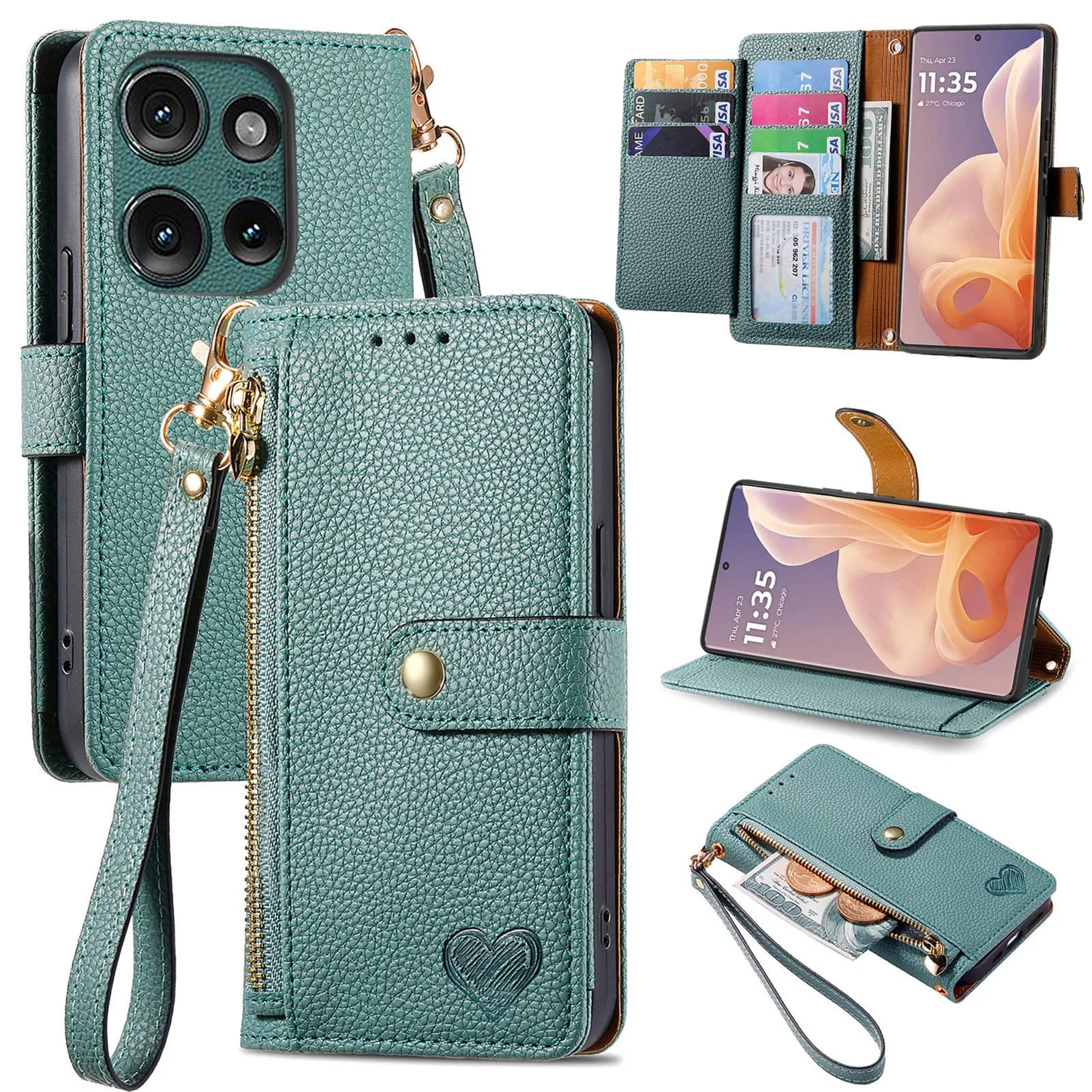 Wallet Case Motorola Moto G Power 2025 G 5G G96 G86 G64 G56 G75 G66Y G55 Zipper Pocket Purse with Wrist Strap, Flip Card Holder