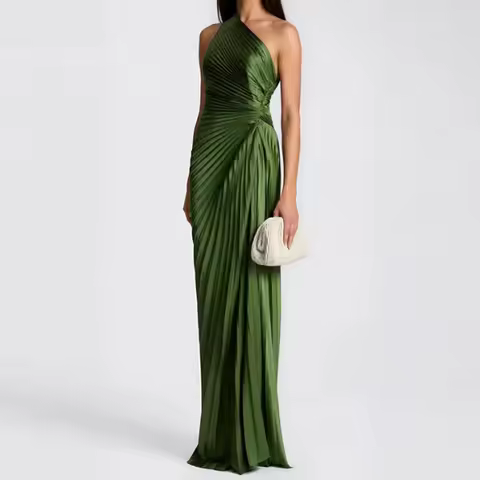 Elegant Sleeveless Hollow Out Banquet Dress Fashion Asymmetry Slash Collar Pleat Dress Temperament High Waist Pure Evening Dress