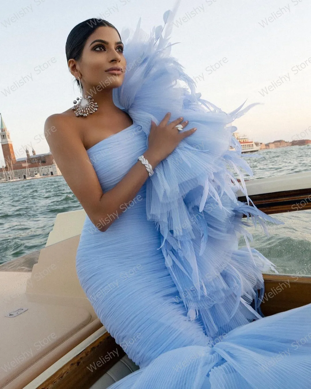 Gorgeous Sky Blue Pleated Tulle Prom Gowns One Shoulder Ruffled Mermaid Dress New Designs Tiered Ruffles Long Tulle Party Gown