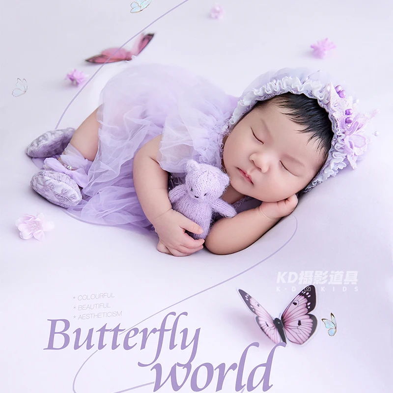 Baby Newborn Photography Prop Light Purple Tutu Dress with Flower Hat Knit Bear Doll 0-1 Month Baby Girl Photoshoot Outfit