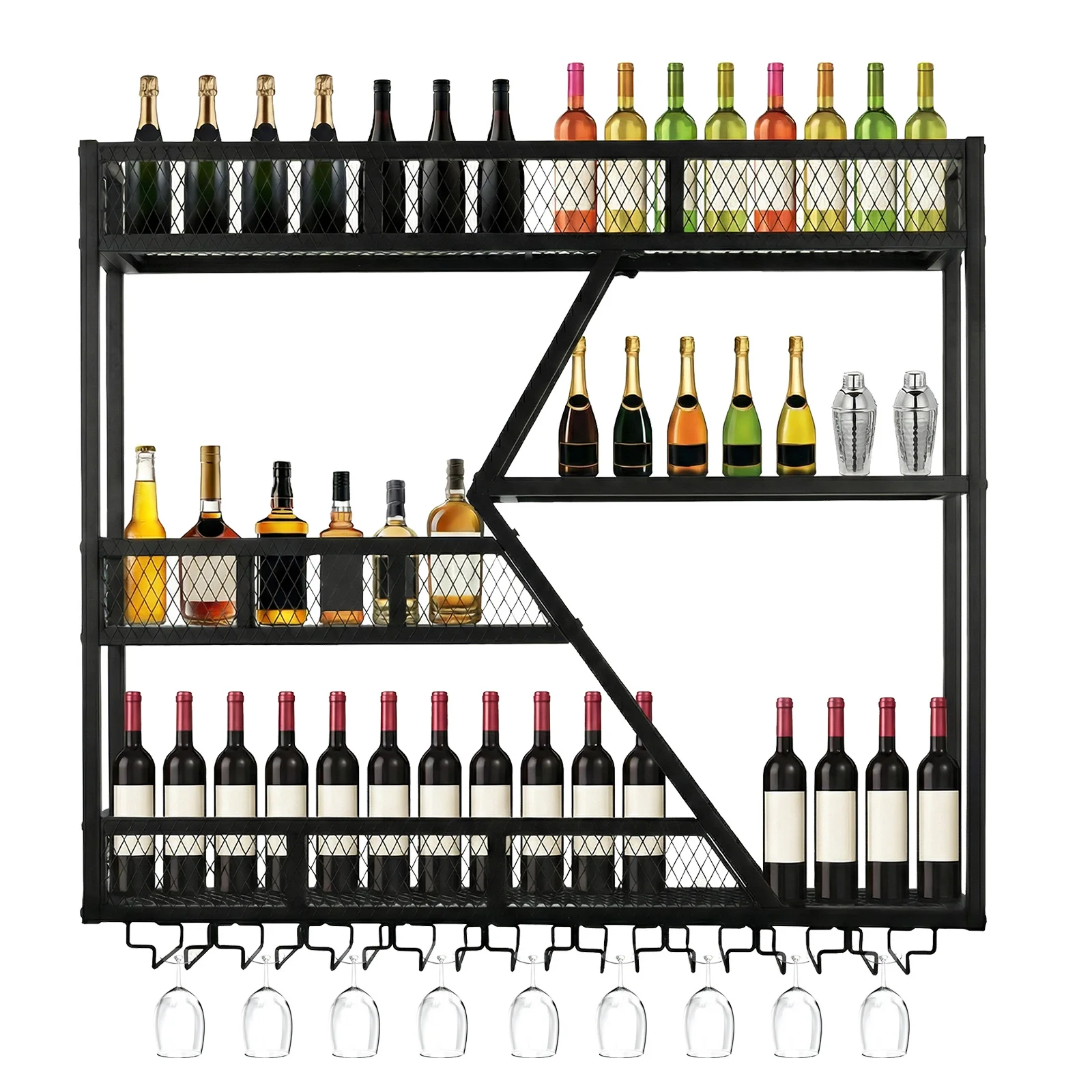 

39in 3-Tiers Liquor Bottle Display Shelf with Glass Holder Floating Bar Shelves for Kitchen Home Bar Dining Room Living Room
