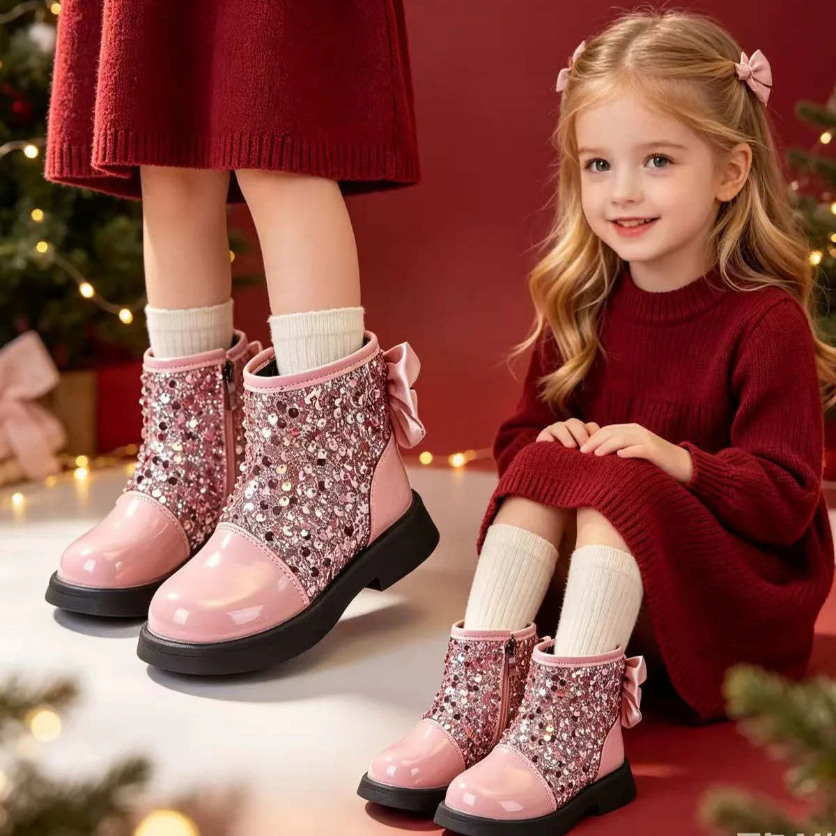 Girls Ankle Boots Kid Autumn Shoes Patent Leather Sequins Splice Bowknot Fashion Short Boot Zip Square Heel Child Footwear 26-36