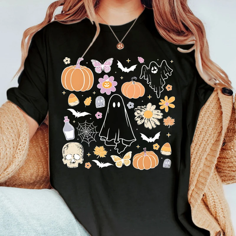 T-shirt imprimé fantôme pour femme, manches courtes, col rond, vêtements de loisirs, Noël et Halloween, printemps et été