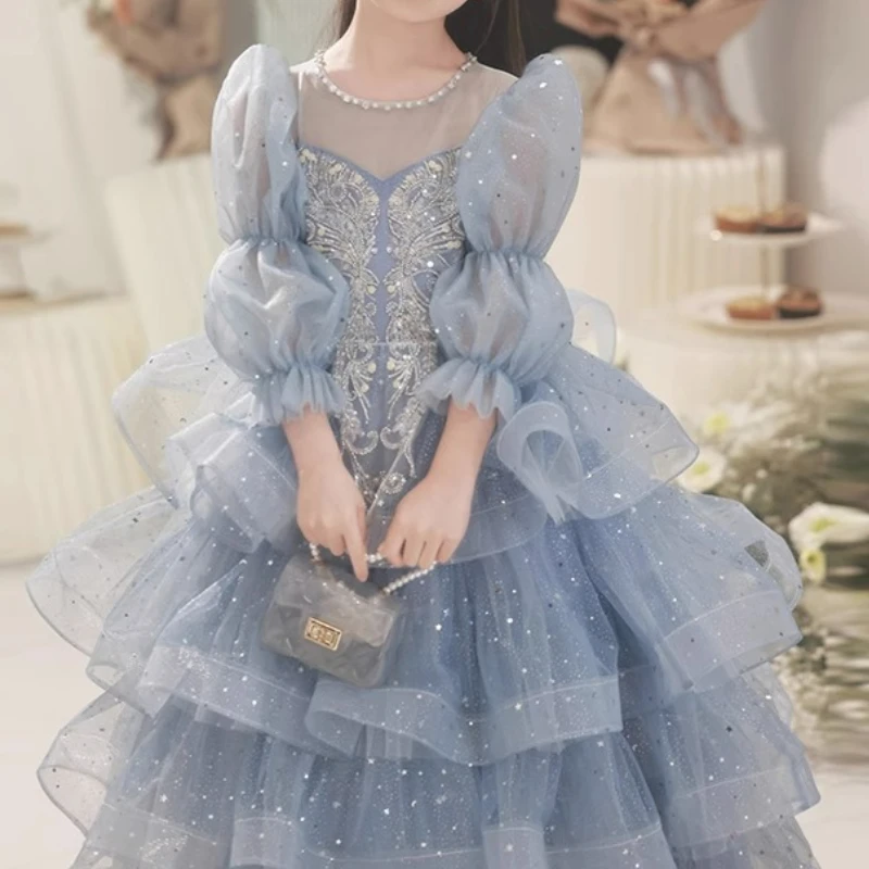 Customized Exquisite Luxury O-neck Puff Sleeve Temperament Flower Girl Dress Popular Star Sequin Print Floral Appliques Robe Mes