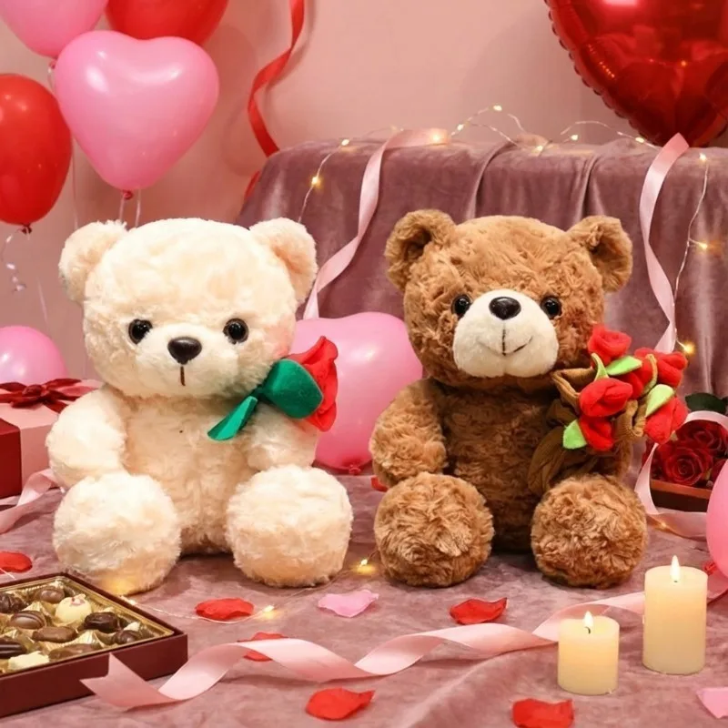 Orsetto di peluche Kawaii con rose Peluche Orso morbido Bambola di pezza Regalo romantico per l'amante Decorazioni per la casa Regali di San Valentino per ragazze