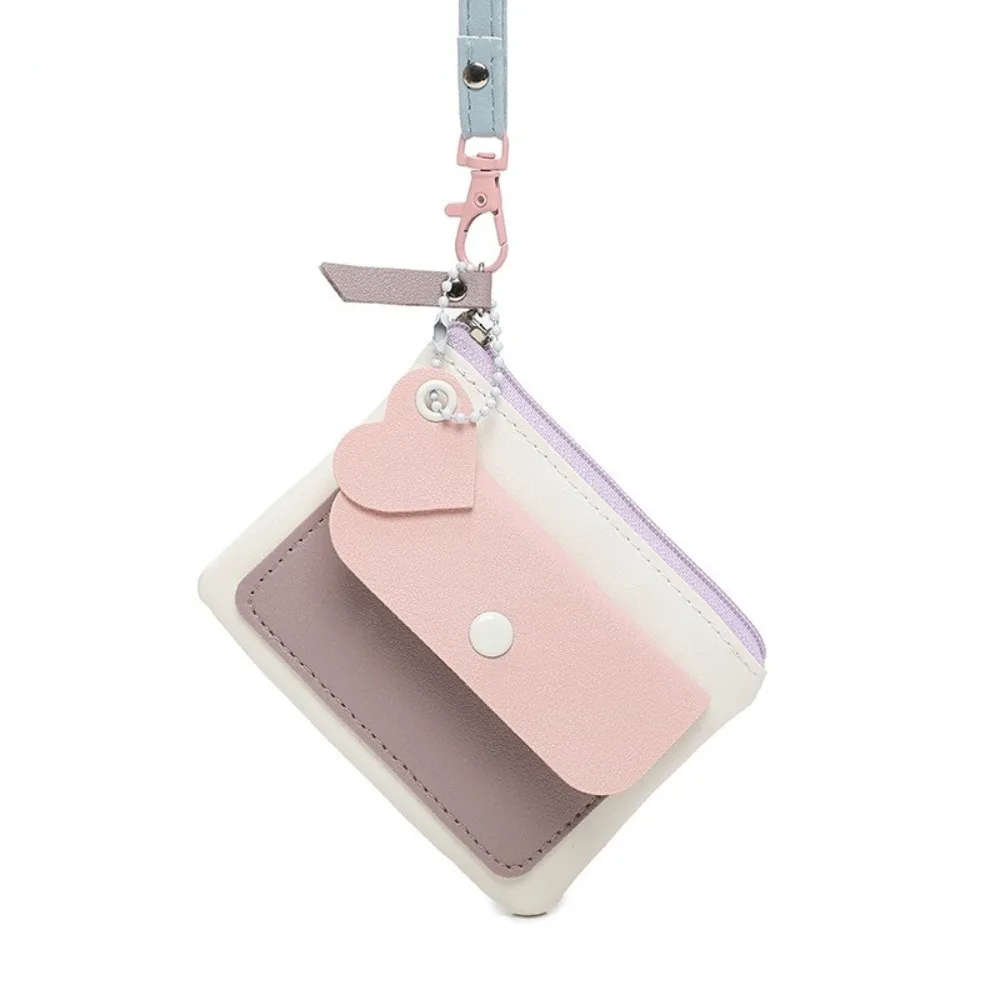 Portable Macaron Color Hanging Neck Wallet Keychains PU Leather Card Holder Thin Keyring Zipper Coin Purse Travel