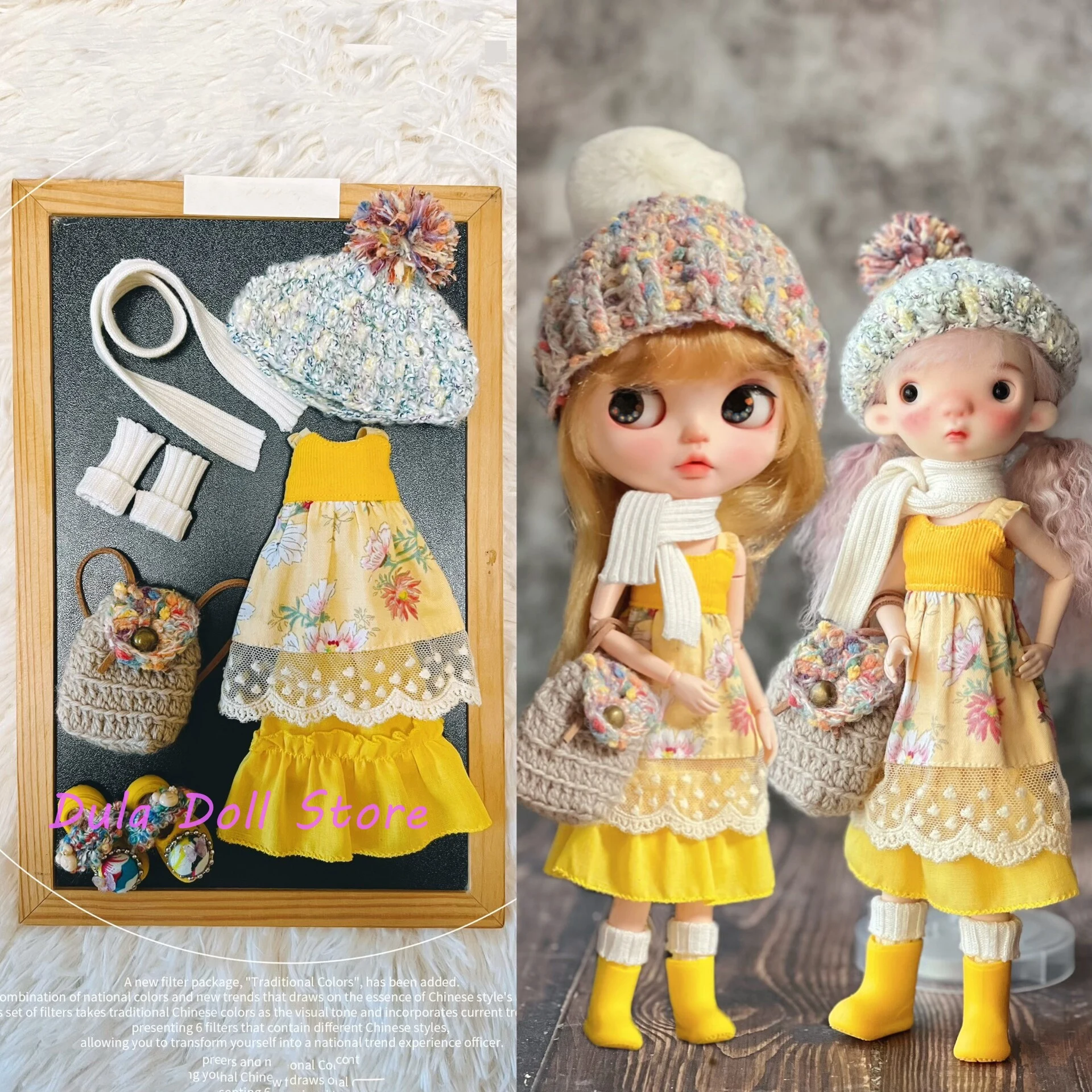 

Dula Doll Clothes dress Yellow Sweater Hooded Dress Set for Blythe ob24 ob22 ICY JerryB 1/6 Doll Accessories
