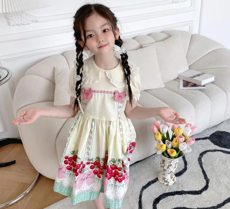 Girls Cherry Box Bow Lace Lapel Dress Princess Dress cotton print dress