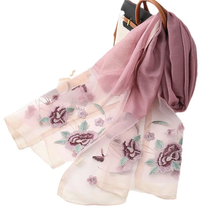 Seide Wolle Schal Frauen Hijab Pashmina Schals wickeln Luxus Bandana Decke Blumen Pashmina Stickerei Schals Foulard hohe Qualität