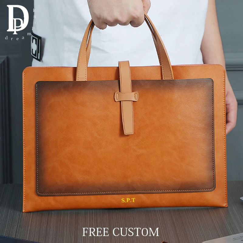 Custom Name Vintage Leather Laptop Bag Fashion Business Office Document Bag Large Capacity Buckle Waterproof Portable Briefcase