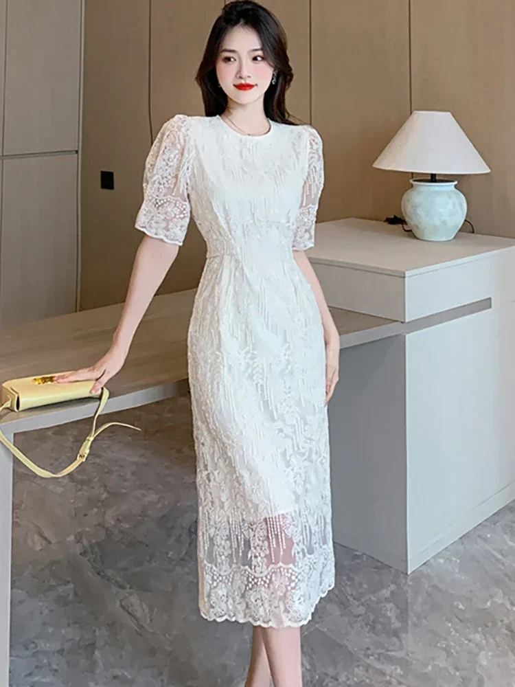 

Summer White Lace Hook Flower Hollow Midi Dress Women Fashion Chic Luxury Party Evening Dress 2025 Korean Vintage Festival Dress