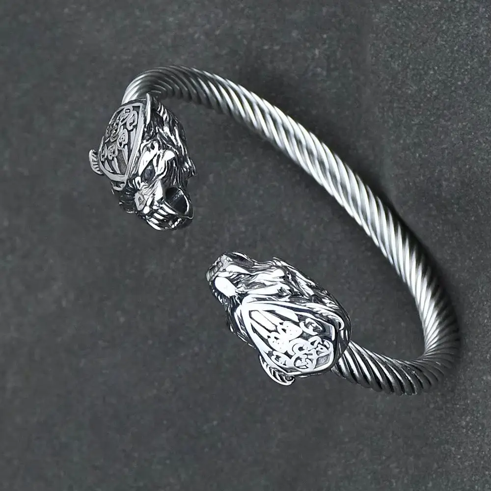 Men Stainless Steel Viking Wolf Geri and Freki Bear Paw Head Bangle amulet Bracelets for Male Gift