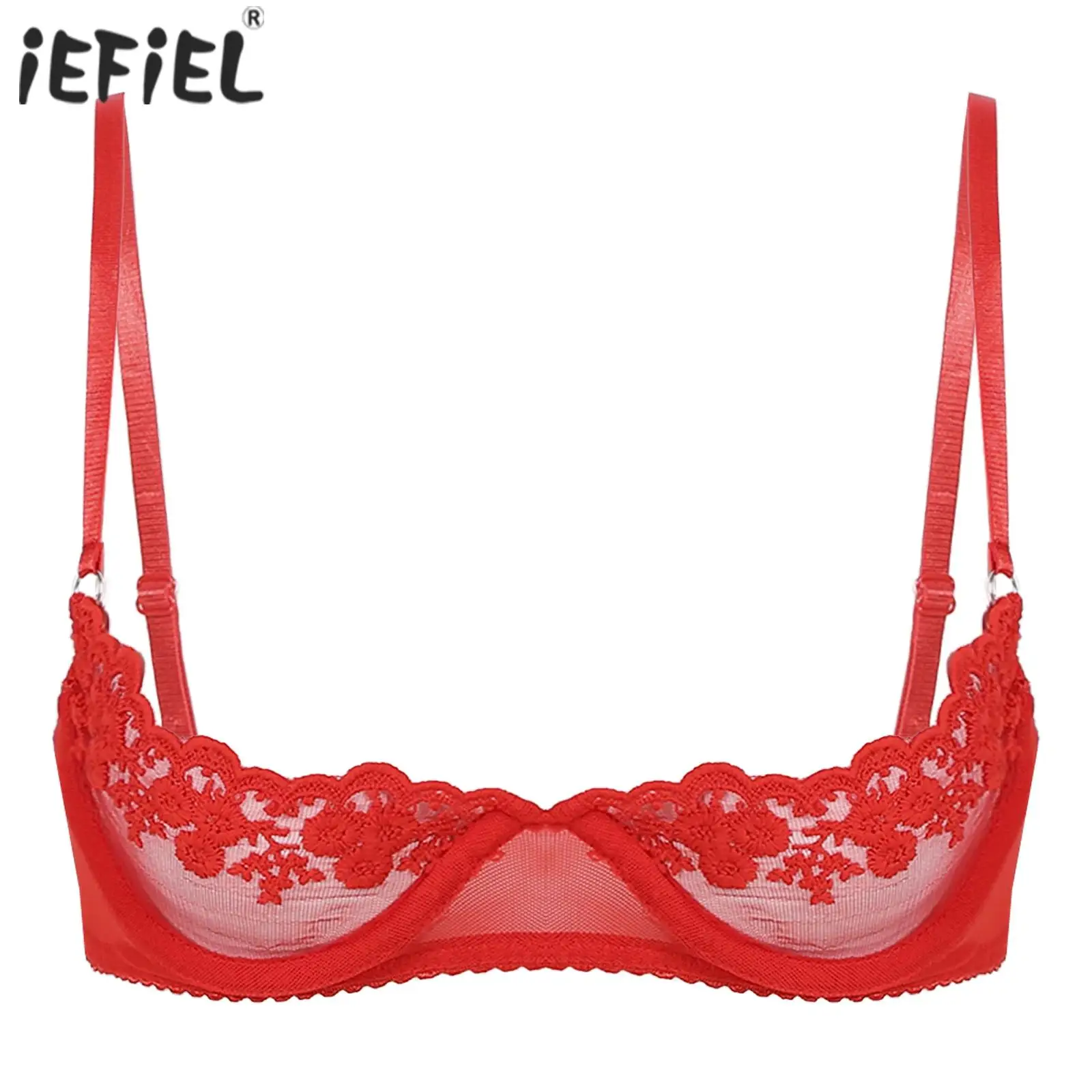 

Women Lingerie Sheer Floral Lace Underwired Push Up 1/4 Cup Bra Underwear Adjustable Strap Unlined Open Breast Exposed Brassiere