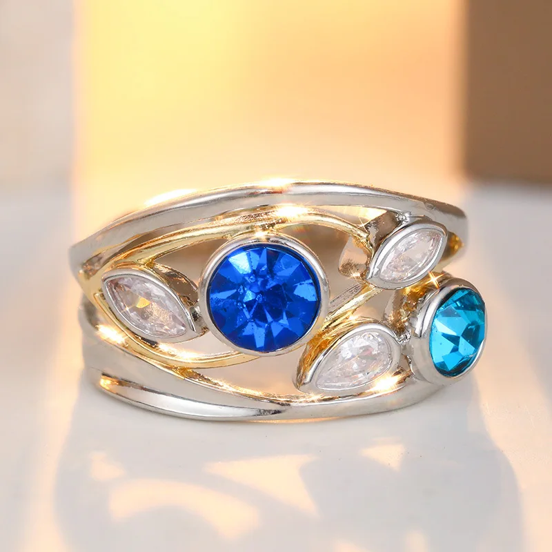 Vintage Two Tone Interwoven Ring Hollowed Out Lines Design Inlay Cubic Zircon Daily Ring Women's Jewelry Accessory