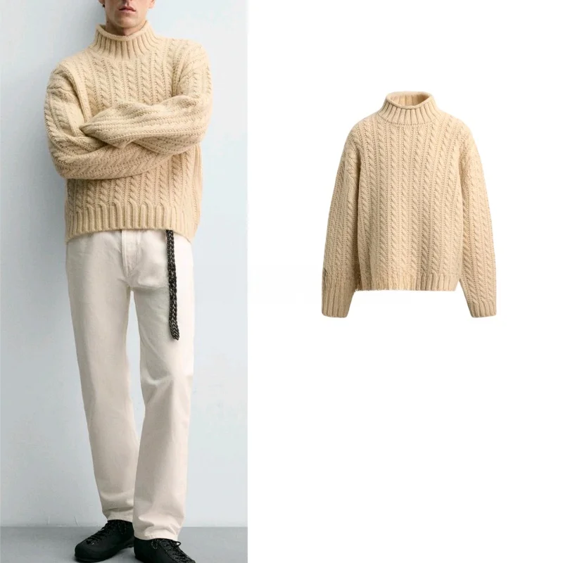 

Новый зимний мужской повседневный свитер с высоким воротником и длинными рукавами, вязаный в рубчик, из дышащего полиэфирного волокна, комфортный в носке