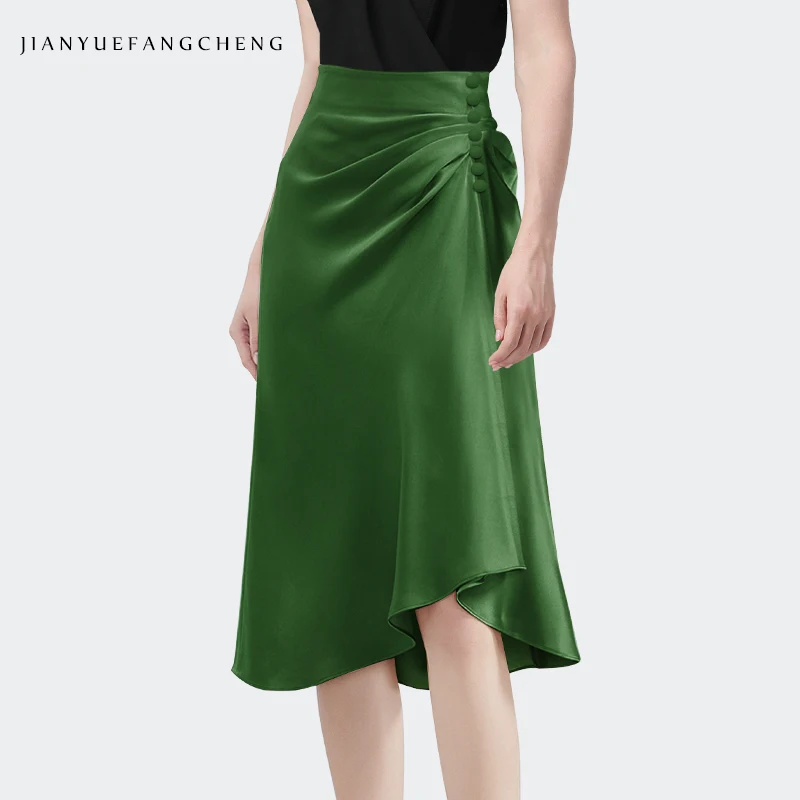 

Fashion Women Summer High Waist Satin Skirt Solid Color Casual Elegant Slim Irregular Pleats Design Working Party Skirts