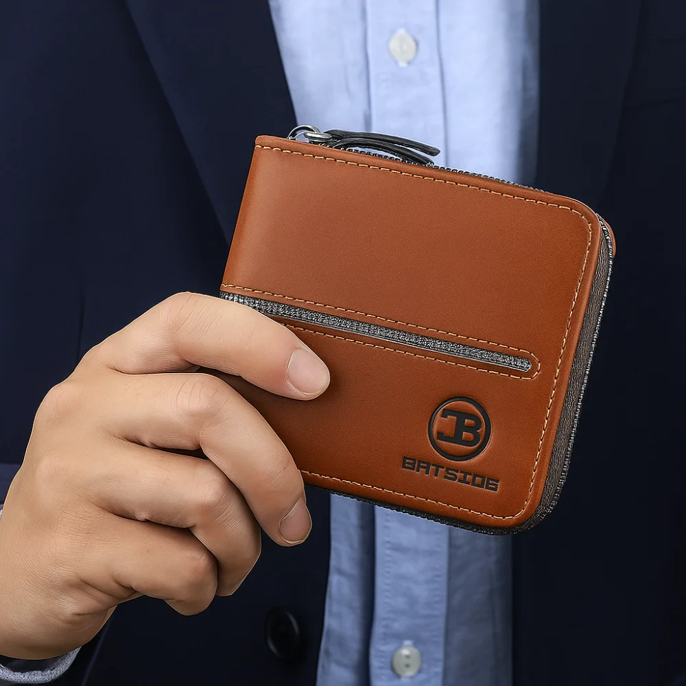 محفظة رجالية محمولة من جلد البولي يوريثان متعددة الوظائف قابلة للطي محفظة أعمال بسحاب إغلاق مربع محفظة الطالب للاستخدام اليومي