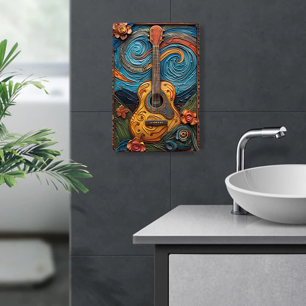 8x12 Inch 2D Effects Spring Summer Aluminum Tin Sign: Guitar and Music Theme Decoration - 100% Aluminum Material - Moisture Resi