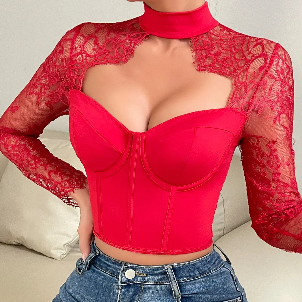 2024 New Style Sexy Lace Women Long Sleeved T-shirt Bra Tube Tops Underwired Fishbone Corset Slimming Top Youth Elegant