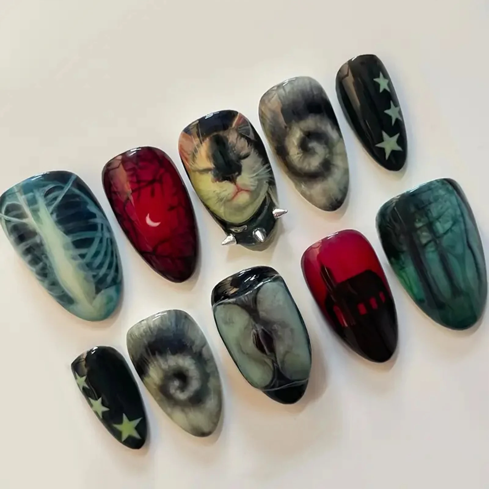 Faux ongles faits à la main, Style noir foncé, Y2k Star Horor Foreat, dessins à pression, Halloween, amande portable, 10 pièces