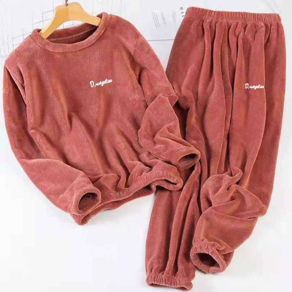 

Couple Winter Thick Women's Flannel Pajama Pants Close-up Leg High Waist Loose Coral Fleece Warm Home Top+Trousers Housewear Set