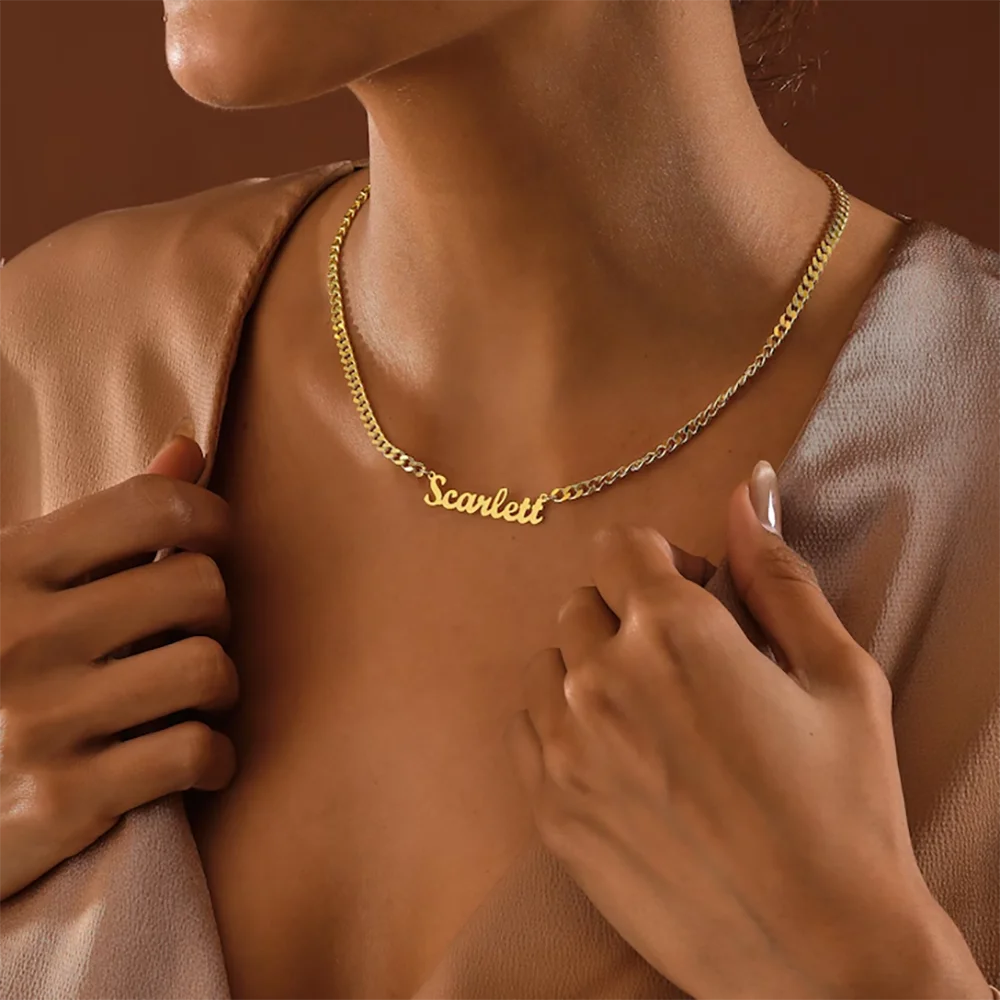 Customized Name Necklace for Girl , 18K Gold Curb Chain with Name Necklace , Personalized Name Necklace , Gold Curb Chain ,