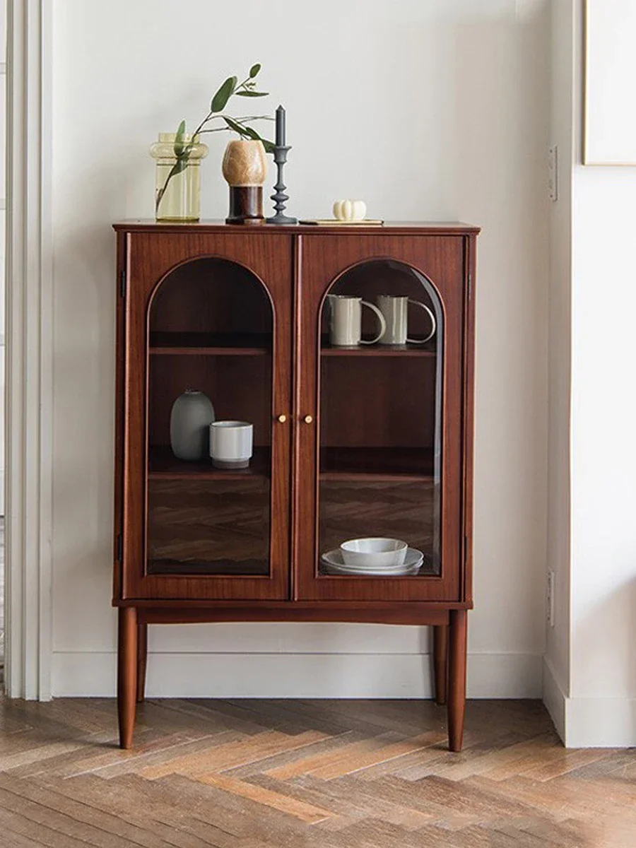 Gabinete de cubo de almacenamiento arqueado de vidrio de nogal, gabinete de zapatos de madera de cerezo simple, muebles de teca, lado de comedor de madera maciza, Retro