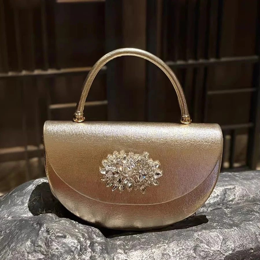 

Pu Leather Crescent Flap Bag Crystal Rhinestone Diamond Evening Bag Wedding Party Clutch Purse Women Handbag Chains Shoulder Bag
