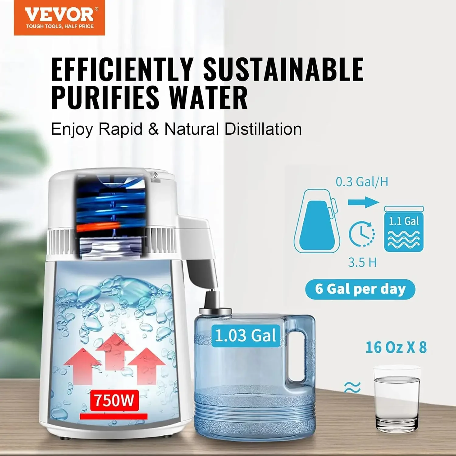 1.1 Gallon Water Distiller, 750W, BPA Free Container Countertop | 304 Stainless Steel Interior Stiller, Button Control, Home Dis