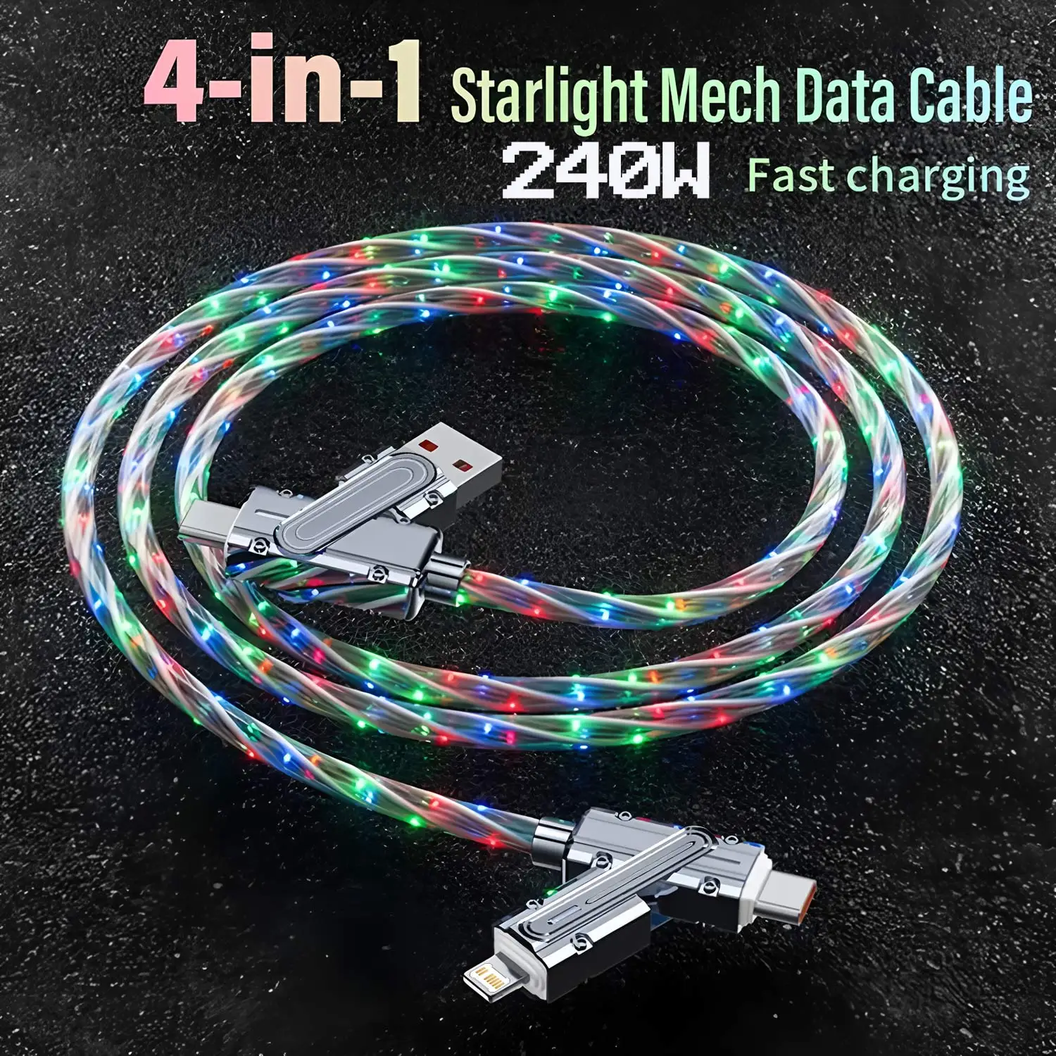 Glowing LED 4 IN 1 USB Type C Cable For iPhone Xiaomi Samsung Flowing Starlight Fast Charger Mech Data Cord Luminous PD Cable