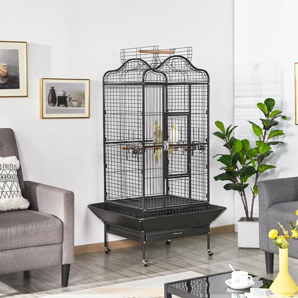 

Bird Cage with Stand Wrought Iron Rolling Open Play Top Large Bird Cage for Mini Macaw African Grey Amazon Parrot
