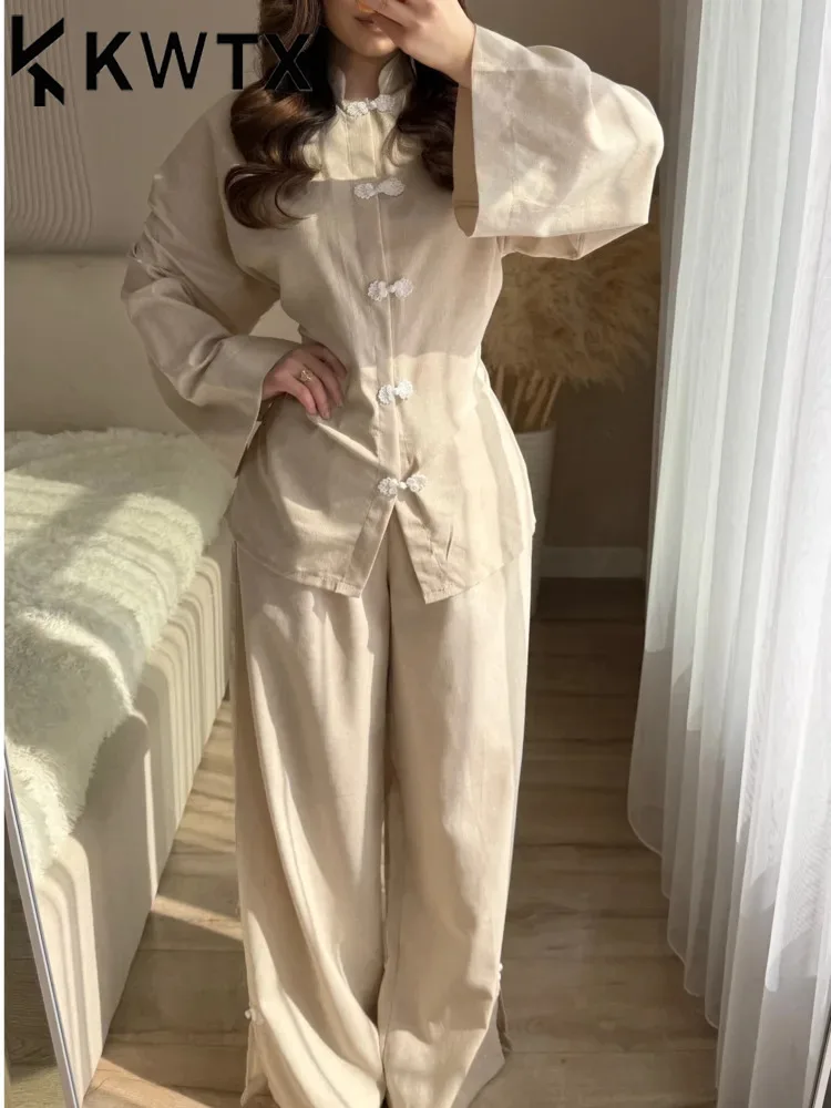 

KT Beige Linen Pants Suit Women Chinese Style Frog Button Top & High Waist Wide Leg Pants 2026 New Arrival 1