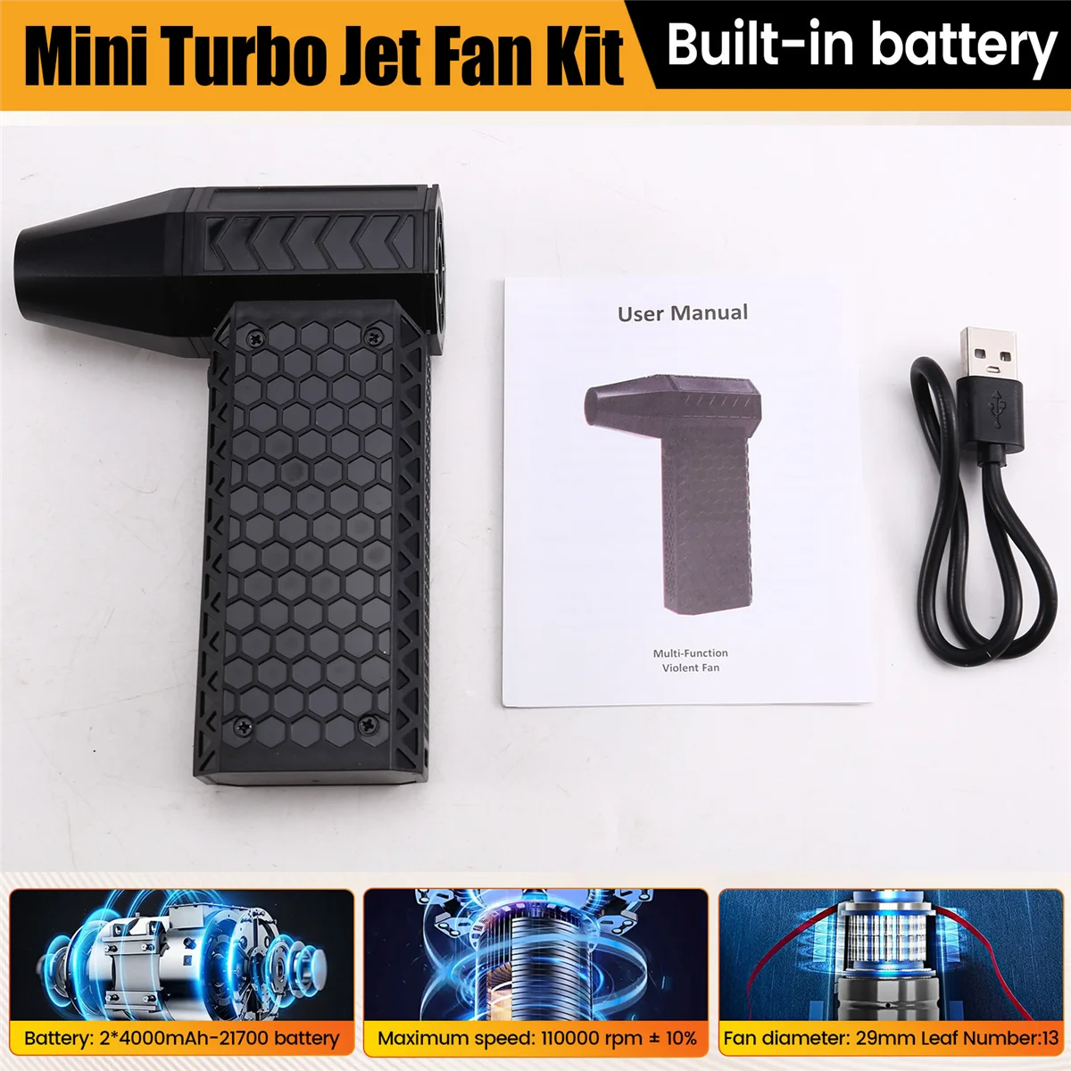 

AA98 130000RPM Turbo Fan Jet Wind Speed 52m/S Portable Air Blower 3 Speed Adjustable BBQ Powerful Blower Keyboard Cleaning