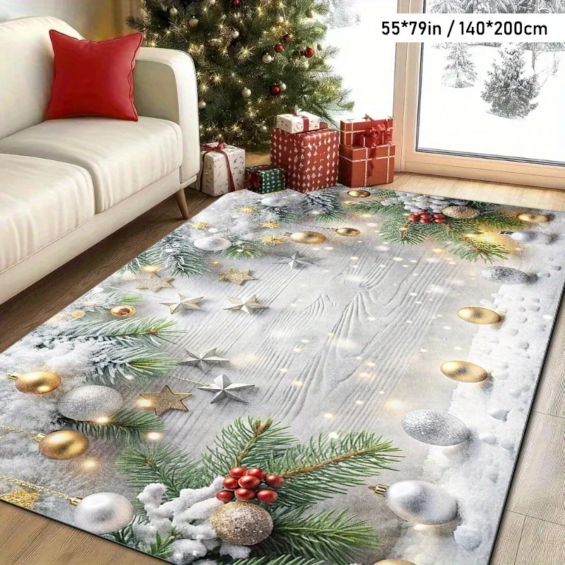 1pc Modern Christmas Ball & Pine Pattern Rug, Indoor Large Rug, for Living Room, Dining Room, Bedroom, Office, Home Decor