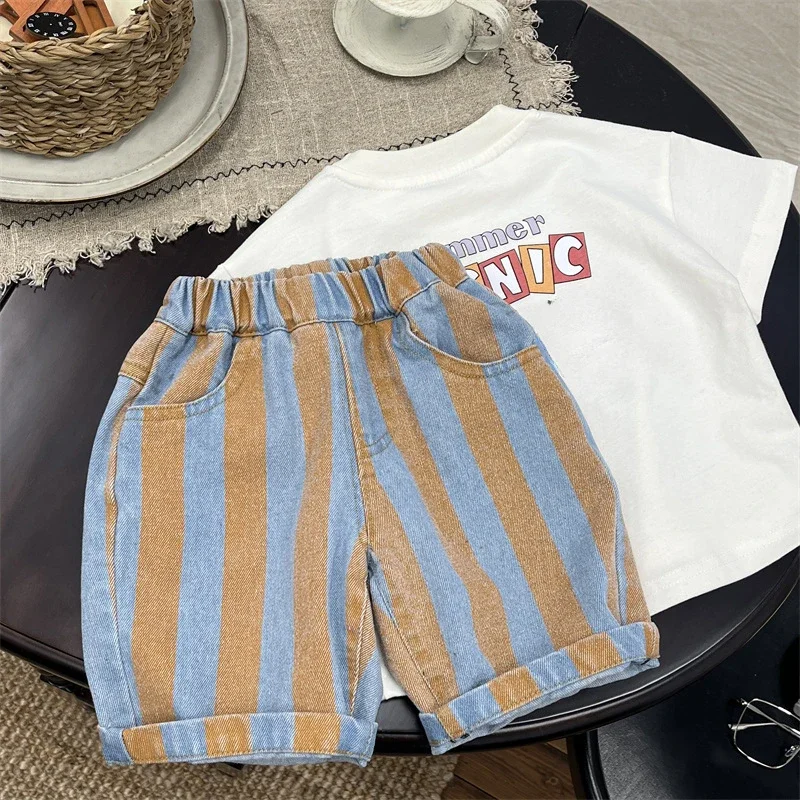 Boys Shorts Striped Jeans Summer 2024 New Preppy Style Middle Pants Baby Summer Knee Length Pants Children Clothes