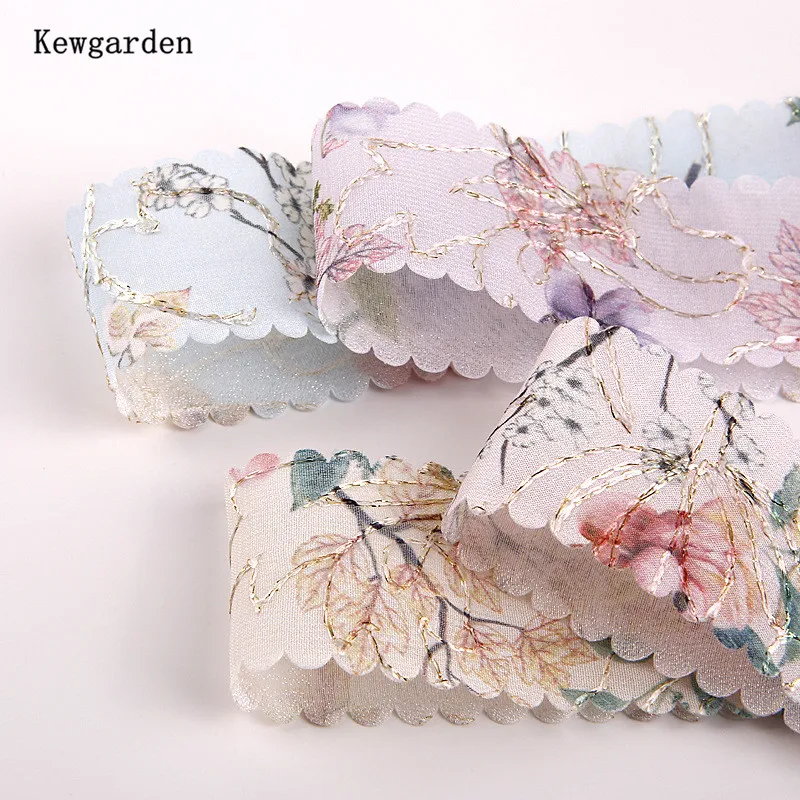 Kewgarden-Cinta de gasa con borde ondulado y estampado de flores, accesorios para el cabello, cinta hecha a mano, embalaje de regalo, 1,5